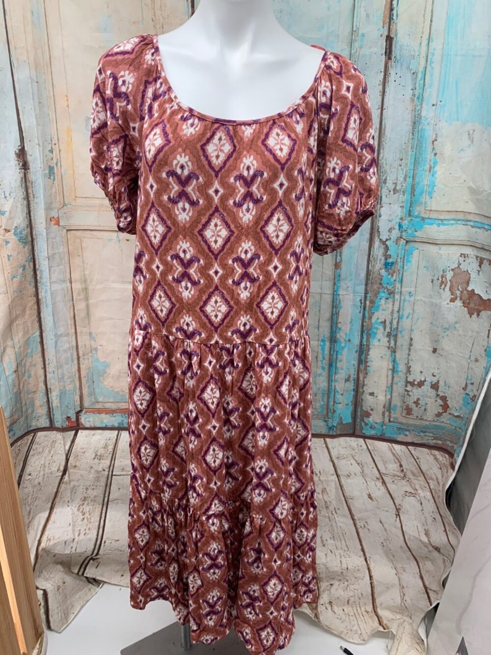 Knox Rose Womans M Cognac Midi Dress Balloon Sleeves Rayon Pockets NEW - Picture 8 of 10